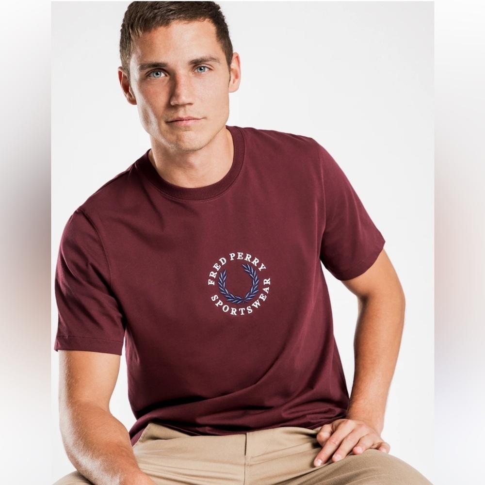 Fred Perry Embroidered Global Branded T-Shirt in Mahogany Size XL